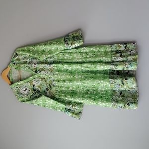 Green Floral V-Neck Musical Notes Boho Mini Ruffle Dress Womens Medium